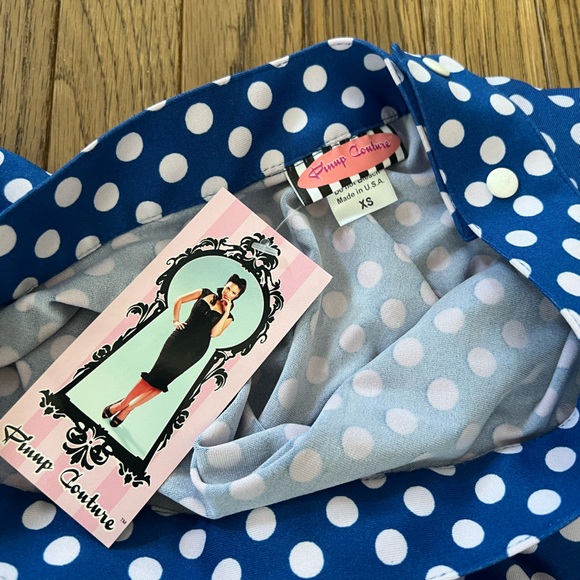 PUG Pinup Couture Bettie Blue PolkaDot One Piece Swimsuit with Matching Skirt XS - Picture 9 of 9